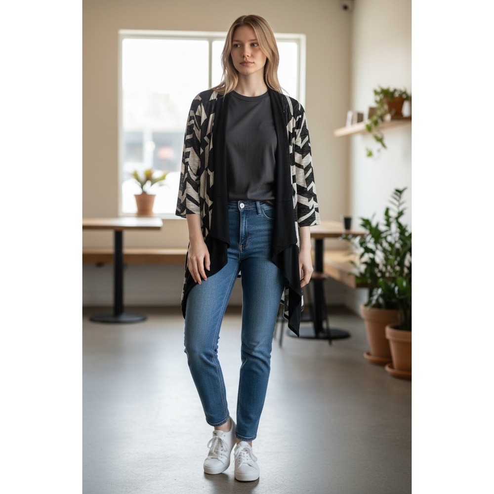 Bar III Womens Black White Geometric Chevron Open Front Draped Cardigan Large